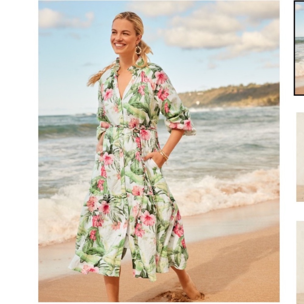 NWT Tommy BAHAMA Daybreak Hibiscus Floral Long Sleeve Linen Midi Dress